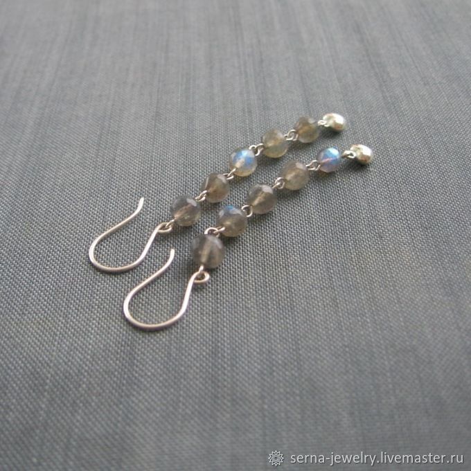серьги лабрадор серебро сердечки авторские длинные с камнями ручная работа sernajewelry
