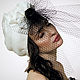 White silk organza turban with small black rose and net, Caps, Moscow,  Фото №1