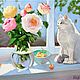 Картина с розами:"Лето на окошке", картина кот на окне, Картины, Москва,  Фото №1