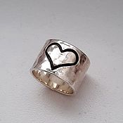 Украшения handmade. Livemaster - original item Wide ring with a broken texture and blackened heart, silver (K13). Handmade.