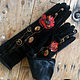 Long boho style natural black leather gloves with painted flower motif, Gloves, Trakai,  Фото №1