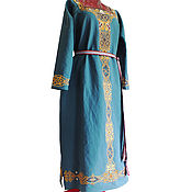 Русский стиль handmade. Livemaster - original item Varvara Krasa turquoise linen dress. Handmade.