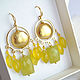 Chalcedony parrotum earrings, green and yellow, gilt, Earrings, Krasnogorsk,  Фото №1