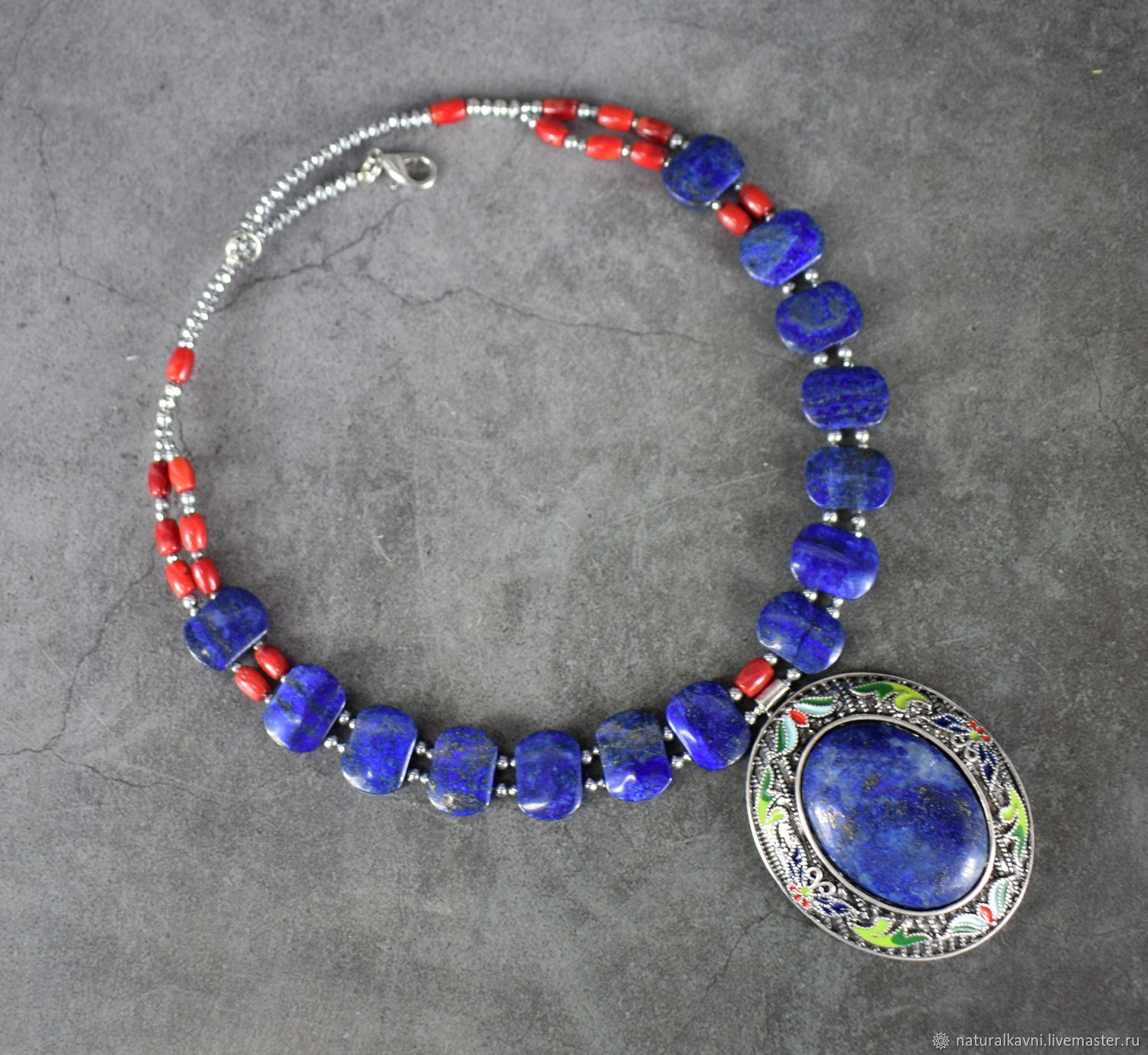 Natural Lapis Lazuli and Coral Author's necklace with a pendant, Necklace, Moscow,  Фото №1
