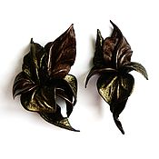 Украшения handmade. Livemaster - original item Brooch leather flower Orchid Antique olive brown bronze with stamens. Handmade.