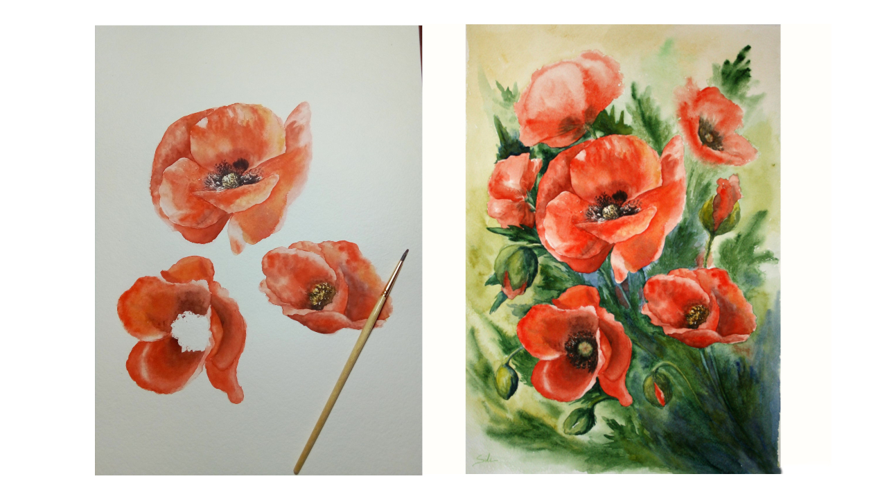 Рисунок с маками. Начало и готовая работа. 