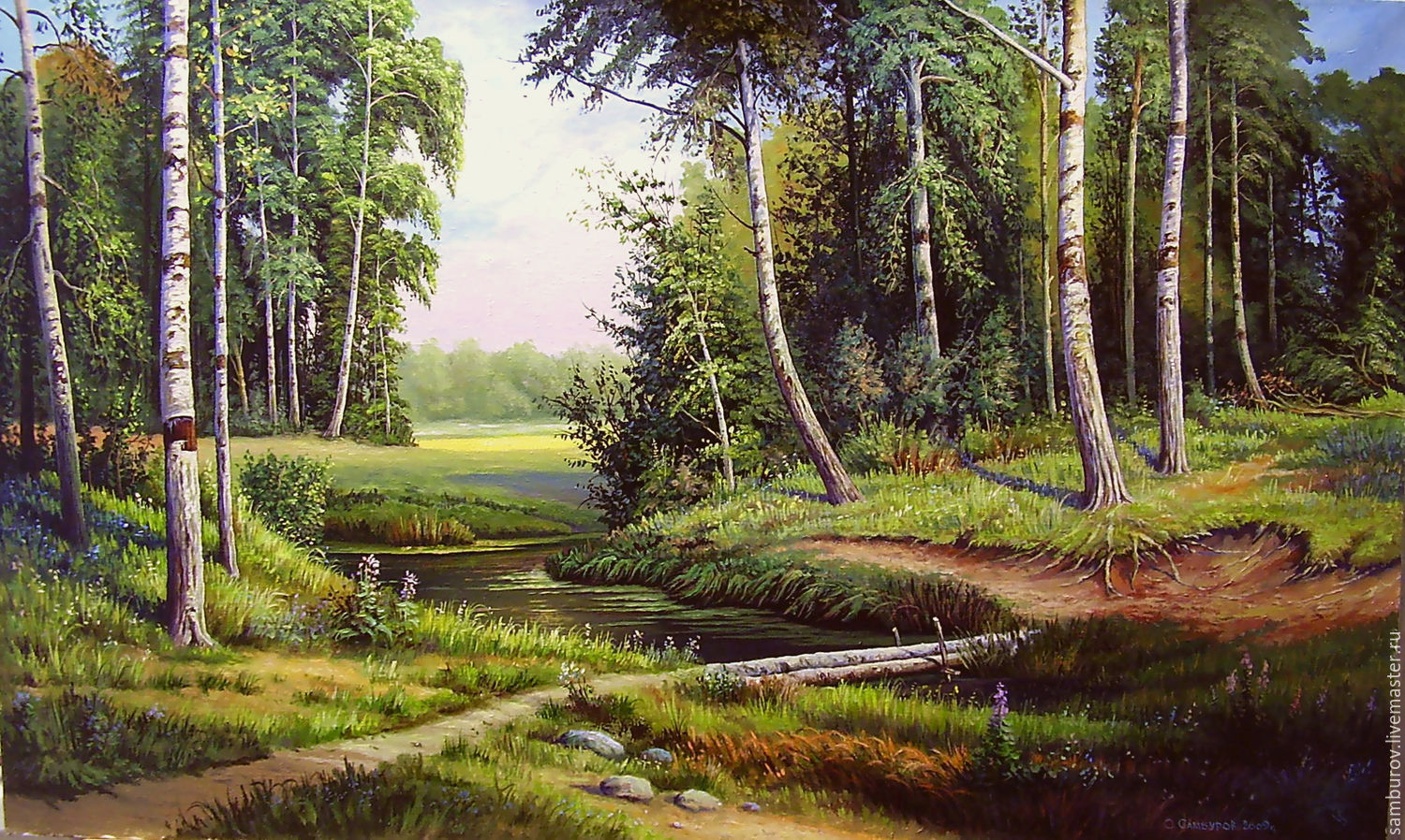 Ручей в берёзовом лесу картина Шишкина