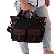 Мужская сумка: на два отделения из канваса и натуральной кожи