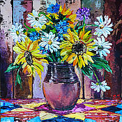 Картины и панно handmade. Livemaster - original item Oil painting with a bouquet of flowers Sunflowers and daisies. Handmade.