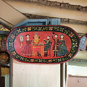 Блюдо большое старинное деревянное с ручной росписью "Сирин"