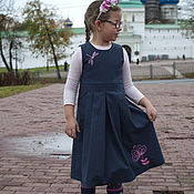 Одежда детская handmade. Livemaster - original item Sundress made of jeans in a microstrip with hand embroidery for a girl. Handmade.