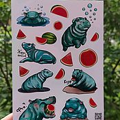 Материалы для творчества handmade. Livemaster - original item Stickers stickers cute hippo mint watermelon. Handmade.