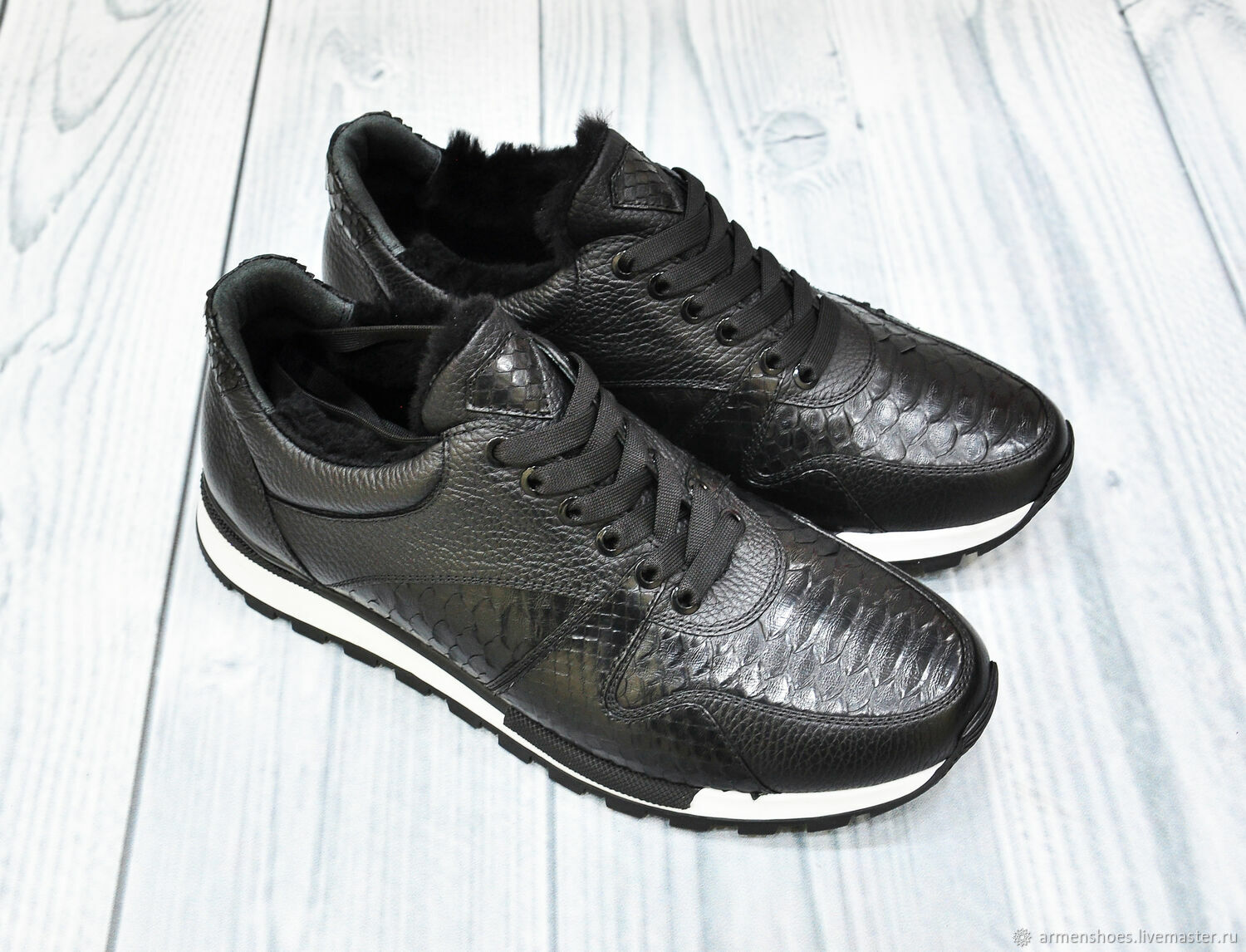 Men's sneakers, made of genuine python leather and calfskin, with fur, Sneakers, St. Petersburg,  Фото №1