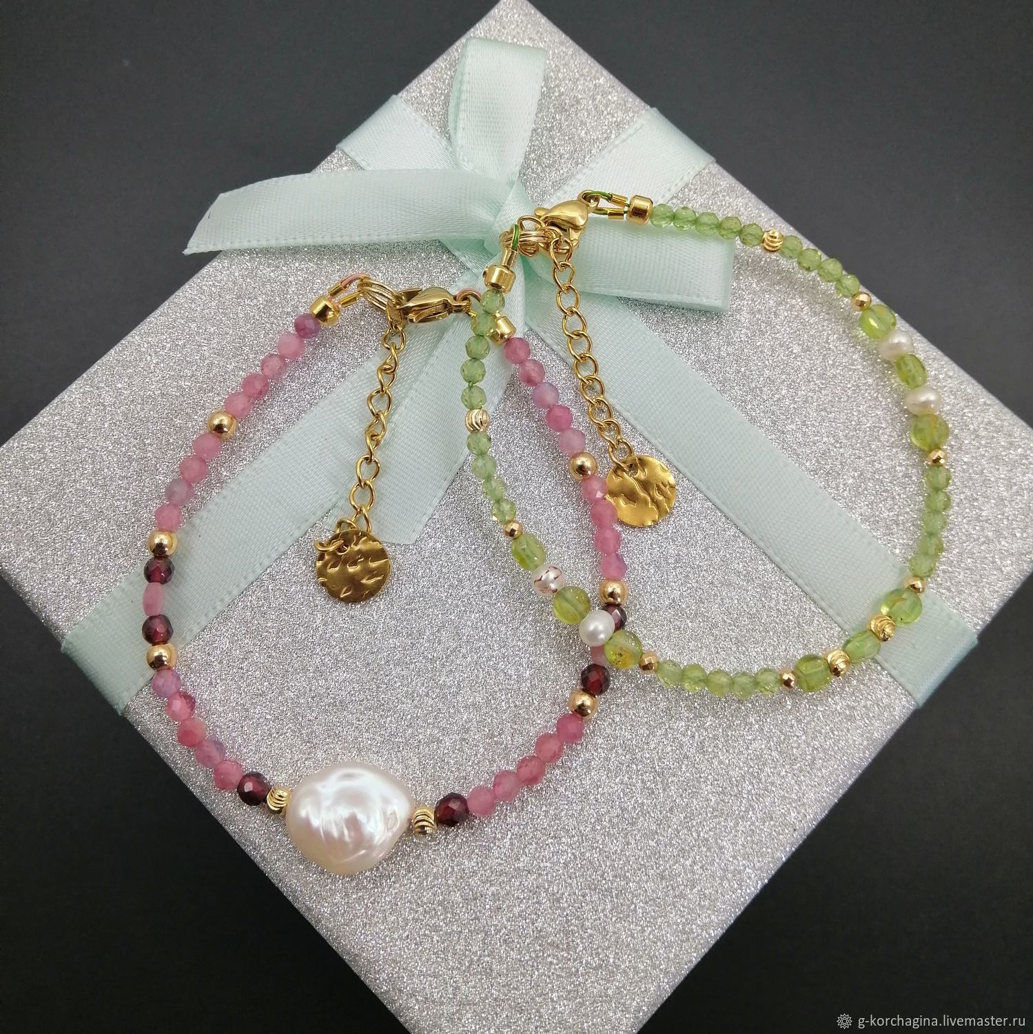  pink tourmaline, olivine and pearl, Bracelet set, Voronezh,  Фото №1