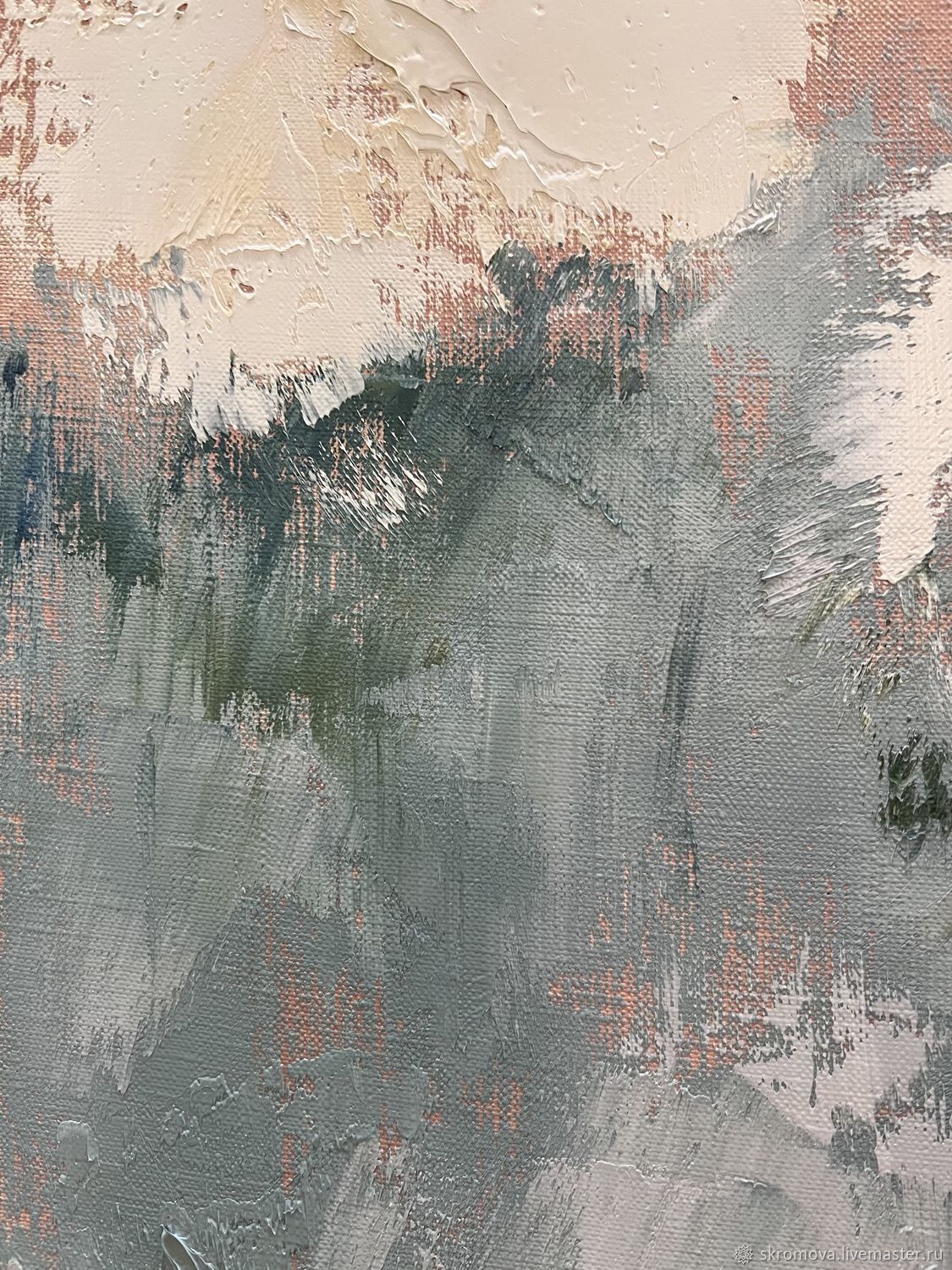 Вертикальная небольшая картина Коралловые пионы на сером и голубом в ...