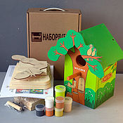 Кормушка Дом с кошкой - набор для сборки с контурами и красками