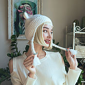 Аксессуары handmade. Livemaster - original item Warm Hat with ears, White cat, Cat ears, Unisex. Handmade.