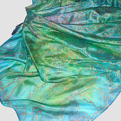 Шелковый шарф "Лондон" с ручной росписью бирюзовый атлас