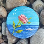Украшения handmade. Livemaster - original item Peony Brooch by the Sea. Miniature painting on canvas. Seascape. Handmade.
