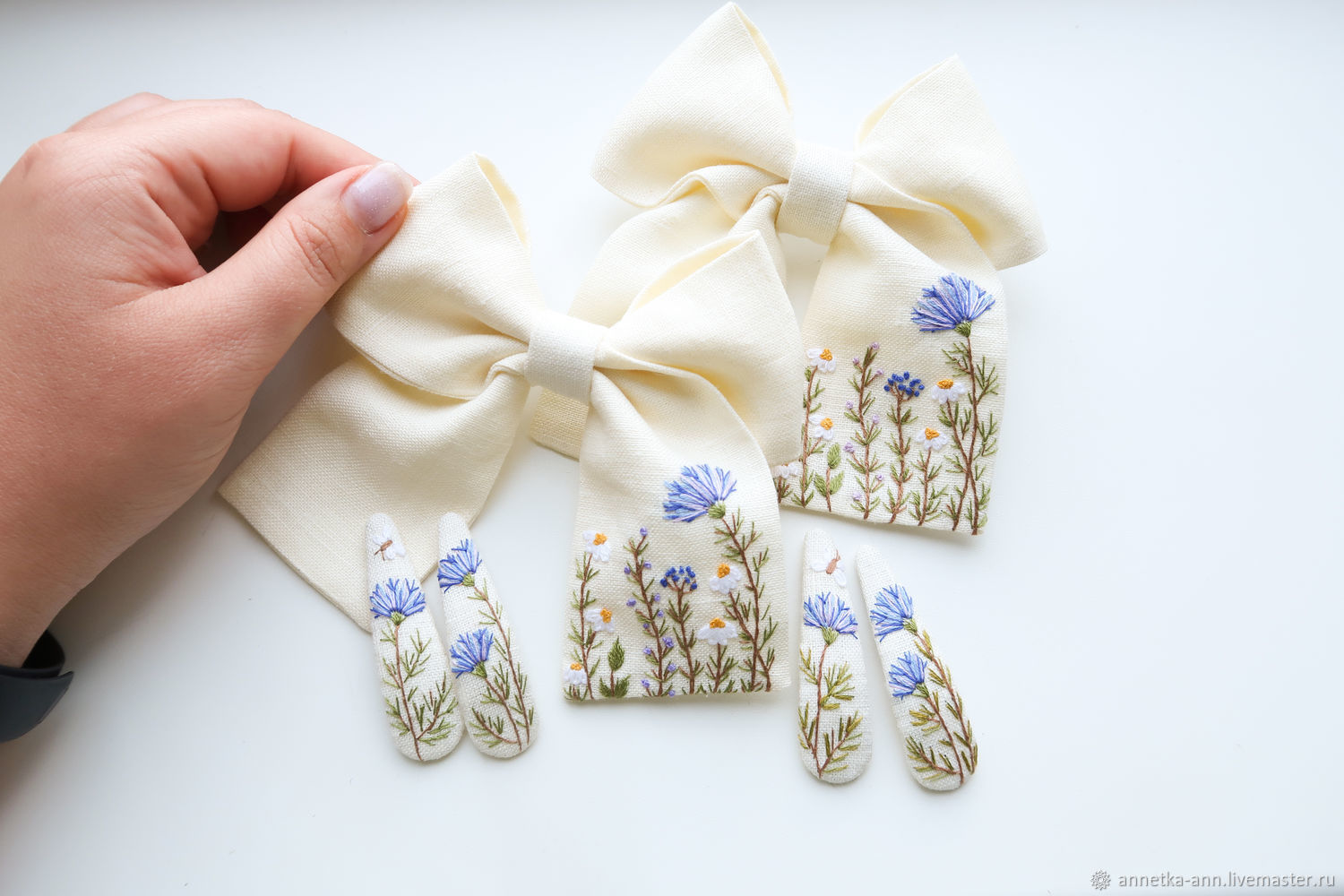 Bow Hairpin Ivory Linen - Embroidery wildflowers, Hairpins, Fryazino,  Фото №1
