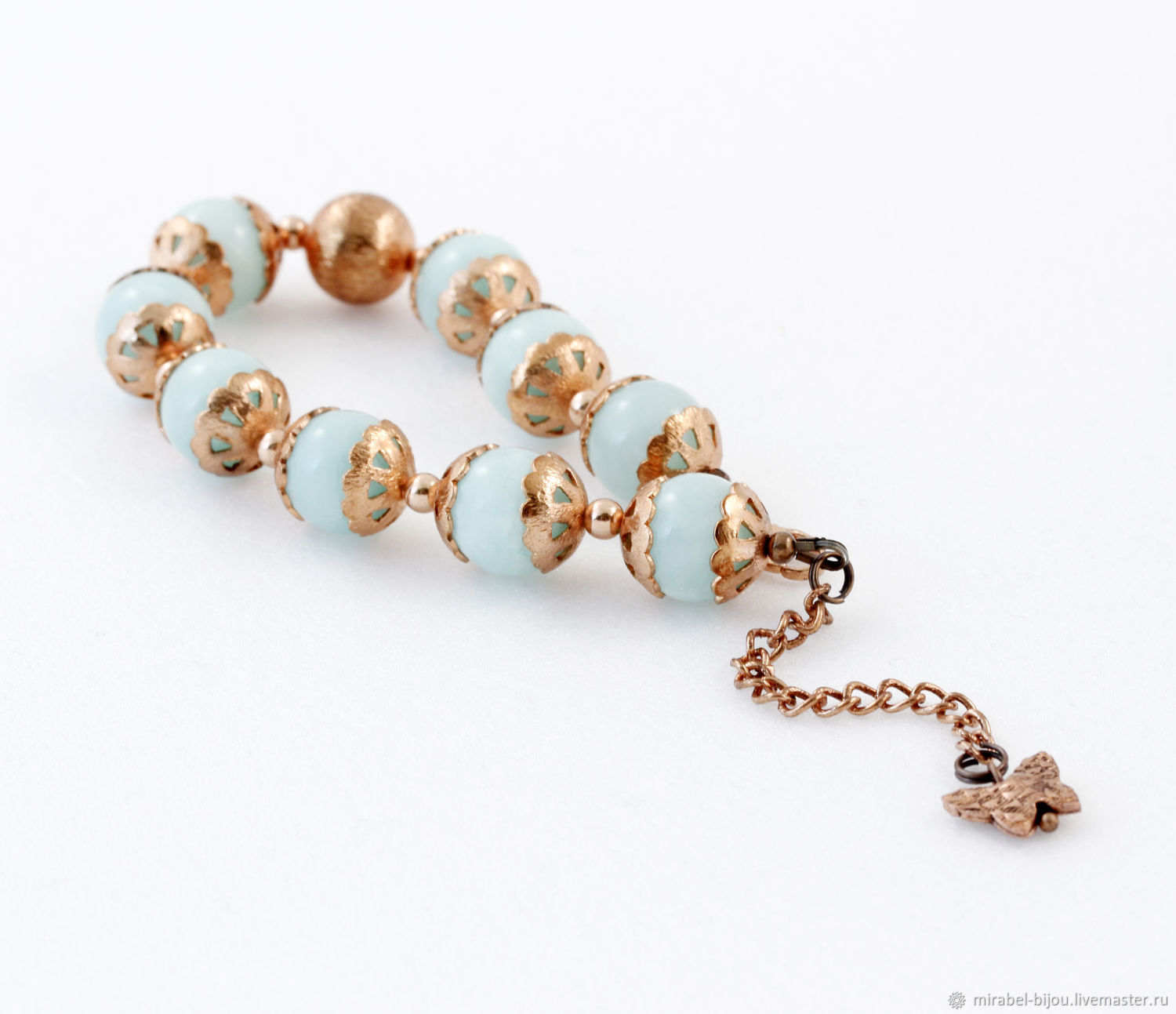 Браслет и серьги Мятная конфета. Медный, со светло-голубым агатом ...