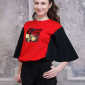 Одежда handmade. Livemaster - original item Women`s T-shirt Red Rose, Black Oversize T-shirt, Sports Chic. Handmade.