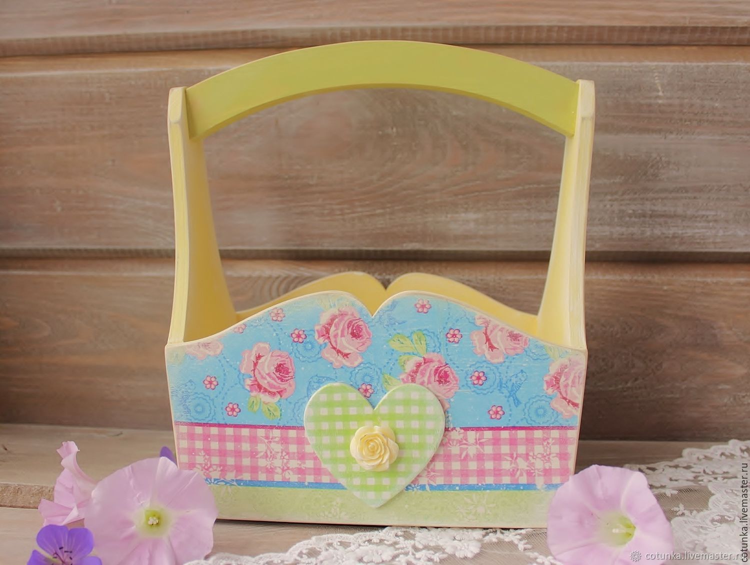 Basket box wooden with handle in the style of Tilda shabby decoupage, Storage Box, Sokol,  Фото №1