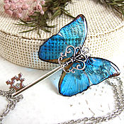 Украшения handmade. Livemaster - original item Transparent Pendant Key Blue Butterfly Vintage Key on a Chain Boho. Handmade.