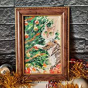 Картины и панно handmade. Livemaster - original item Kitten playing with Christmas tree toys oil painting.. Handmade.