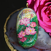Кулон с росписью на кварце Розовая Роза цветы лаковая миниатюра