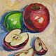 Картина натюрморт с фруктами, яблоки маслом формат А4, на картоне, Картины, Москва,  Фото №1