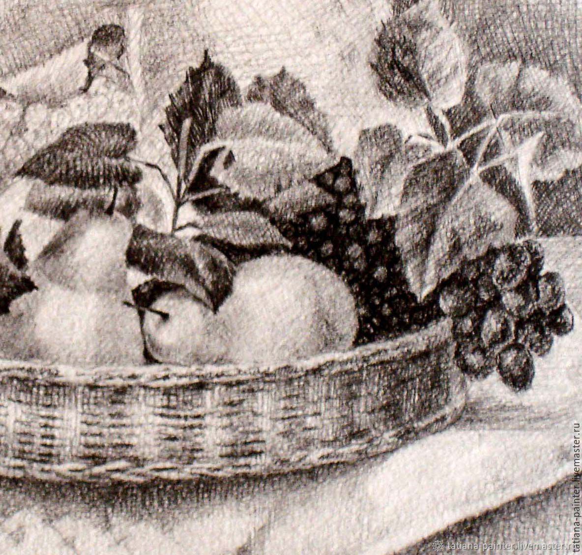Натюрморт в графике корзина с фруктами
