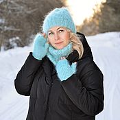 Аксессуары handmade. Livemaster - original item Set of Downy winter hat snood scarf mittens for women. Handmade.