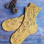 Аксессуары handmade. Livemaster - original item Mustard socks with patterns woolen openwork knitted leaves. Handmade.
