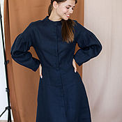 Одежда handmade. Livemaster - original item Linen dress with a stand-up collar in dark blue. Handmade.