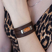 Bracelet with amber on soft eco leather for every day