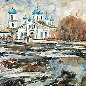 Картины и панно handmade. Livemaster - original item Watercolor painting Spring Landscape with Church for Office Interior. Handmade.