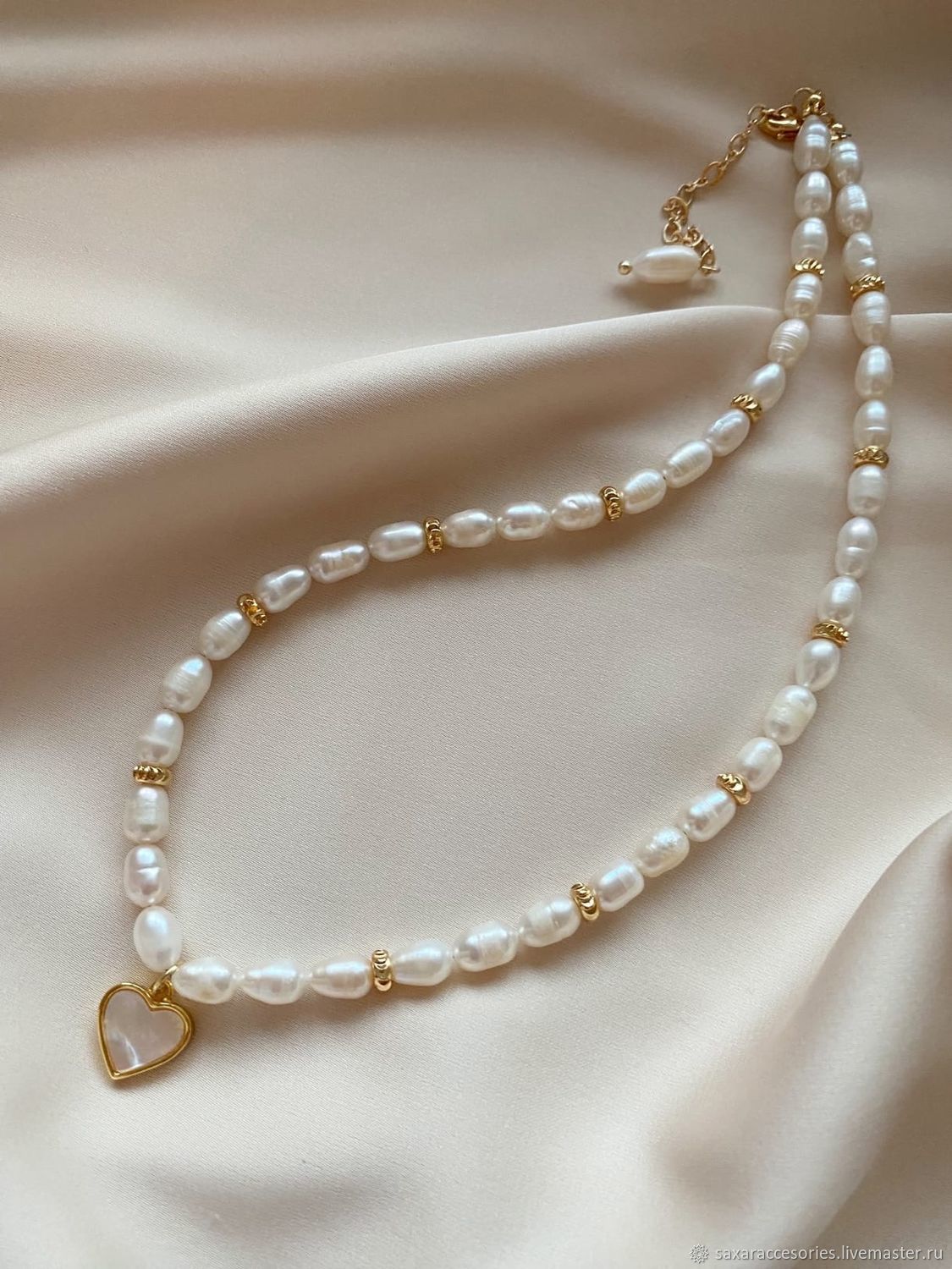 Чокер с натуральным речным жемчугом и перламутровым сердцем купить в ...