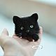 Черный котик войлочная брошь. Брошь-булавка. Кристина Антропова. Интернет-магазин Ярмарка Мастеров.  Фото №2