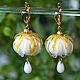Earrings 'White buds' lampwork white with gold, Earrings, St. Petersburg,  Фото №1
