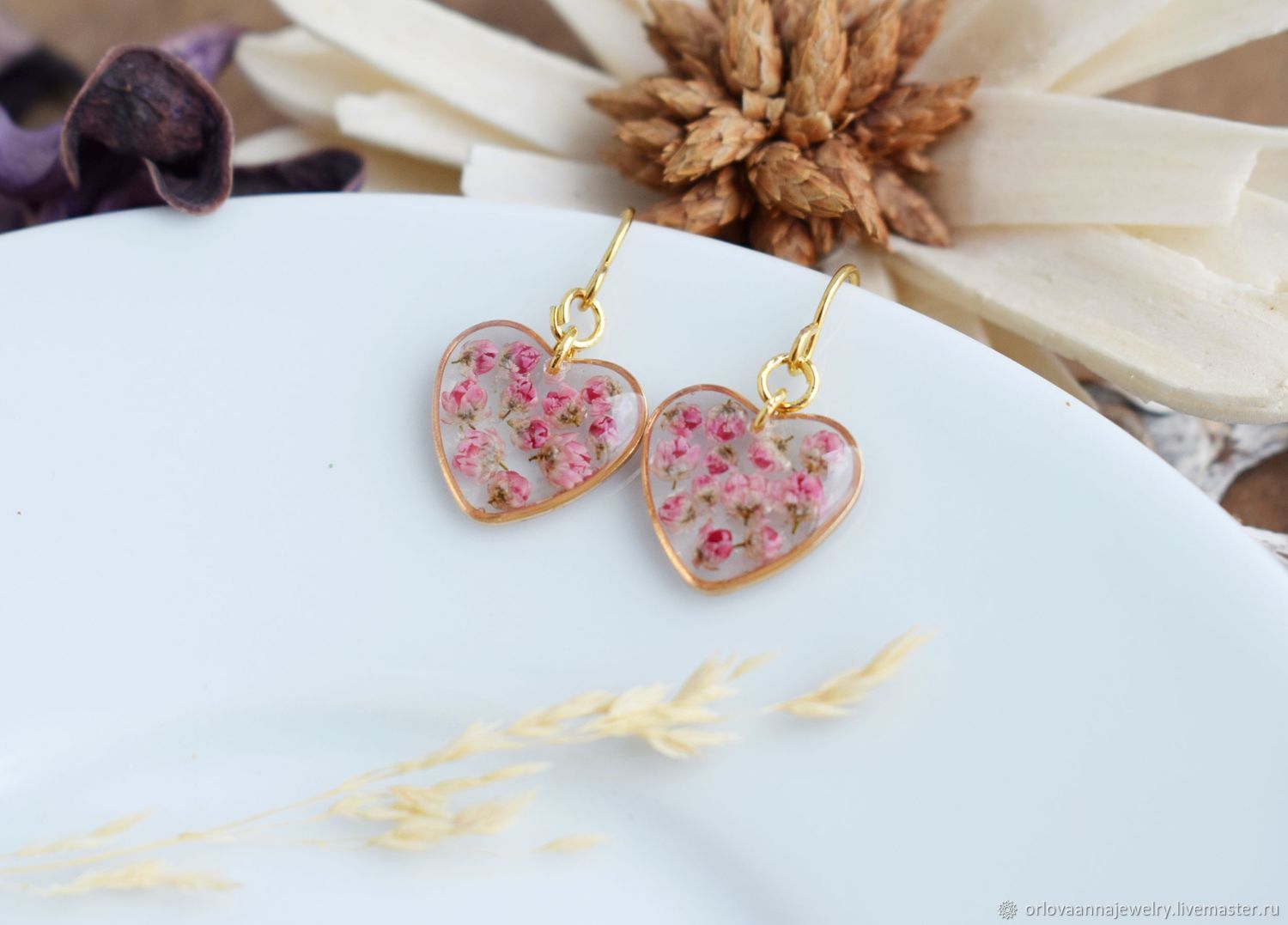 Heart earrings with ozotamnus. Resin earrings with real flowers, Earrings, Moscow,  Фото №1