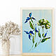 Mini painting with irises without a frame. Small paintings with blue flowers, Pictures, Moscow,  Фото №1