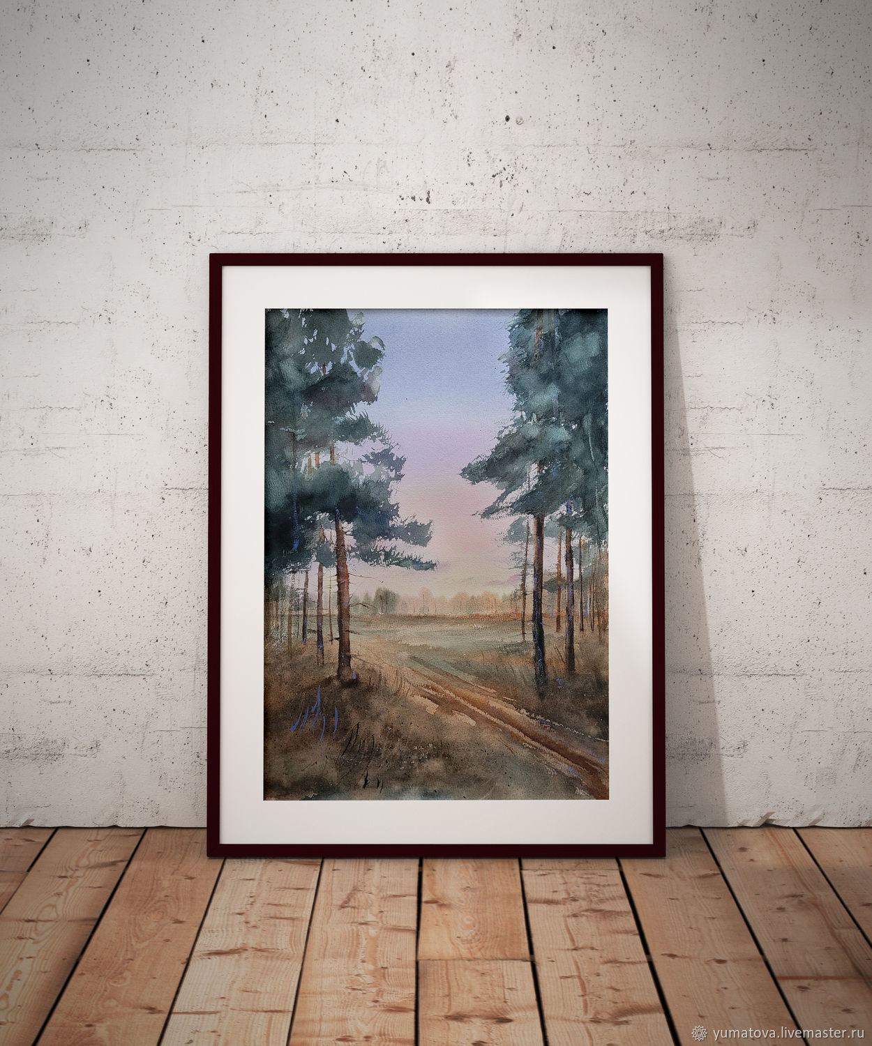 Картина с соснами, полем и красивым закатом акварелью в интернет ...