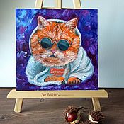 Картины и панно handmade. Livemaster - original item Picture of a Cat with glasses! ginger cat, oil, cardboard. Handmade.
