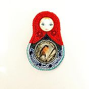 Украшения handmade. Livemaster - original item Brooch-pin: Matryoshka and bullfinch beads embroidery. Handmade.