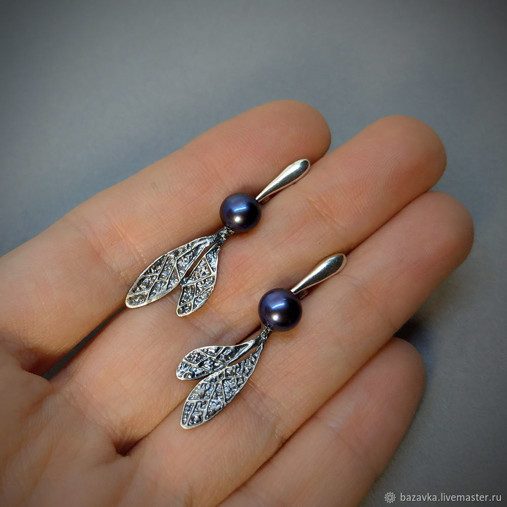 Серебряные серьги черным жемчугом Стрекозы – заказать на Ярмарке ...