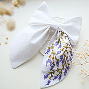 Bow with embroidery - Gzhel ( linen - melange fabric )