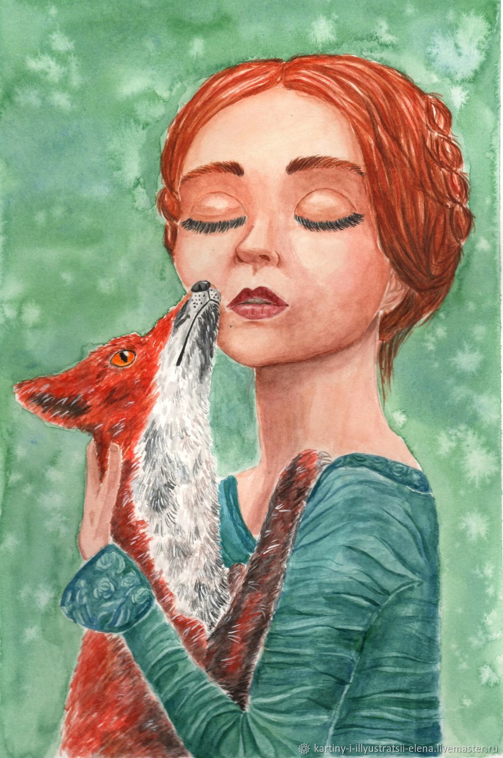 Картина акварелью Девушка с лисой в интернет-магазине Ярмарка Мастеров ...