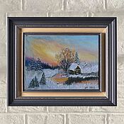 Картины и панно handmade. Livemaster - original item Paintings: winter sunset on the river orange yellow lilac,snowy. Handmade.