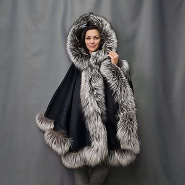 Роскошное черное пончо с мехом лисы чернобурки. National Brand (Катерина). Одежда женская ручной работы - Ярмарка Мастеров Одежда женская ручной работы. Ярмарка Мастеров - ручная работа Роскошное черное пончо с мехом лисы чернобурки. Handmade.